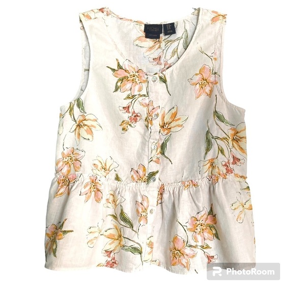 EUC Linen Floral Peplum Tank Button Front Hem Top, by Rachel‎ Roy Medium - Picture 1 of 7